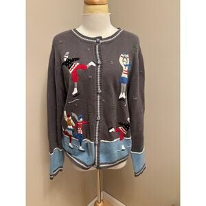 All Points Embroidered Winter Ice Skater Themed Sweater Cardigan Sz Large